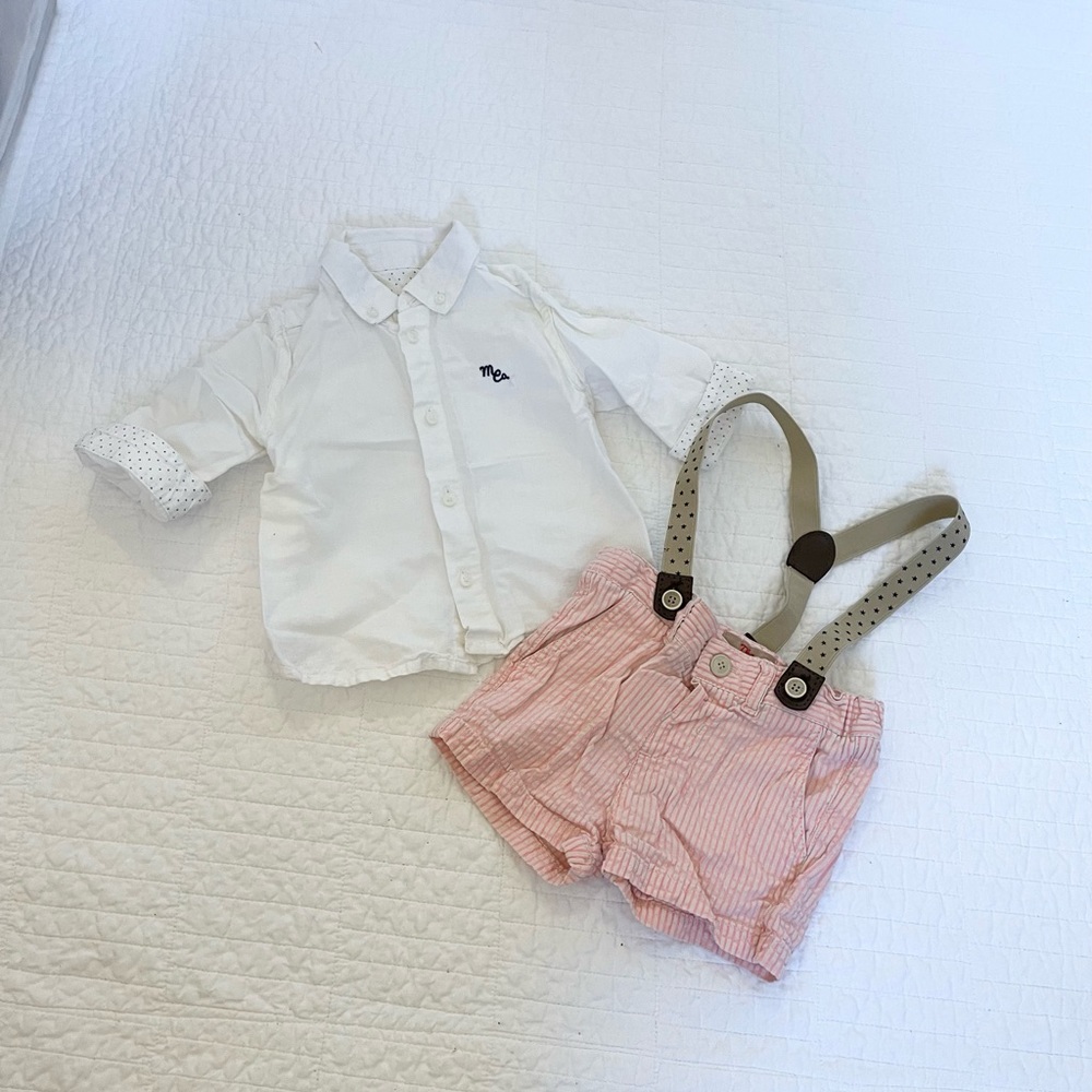 Mayoral Seersucker Shorts, Suspenders, Shirt Set